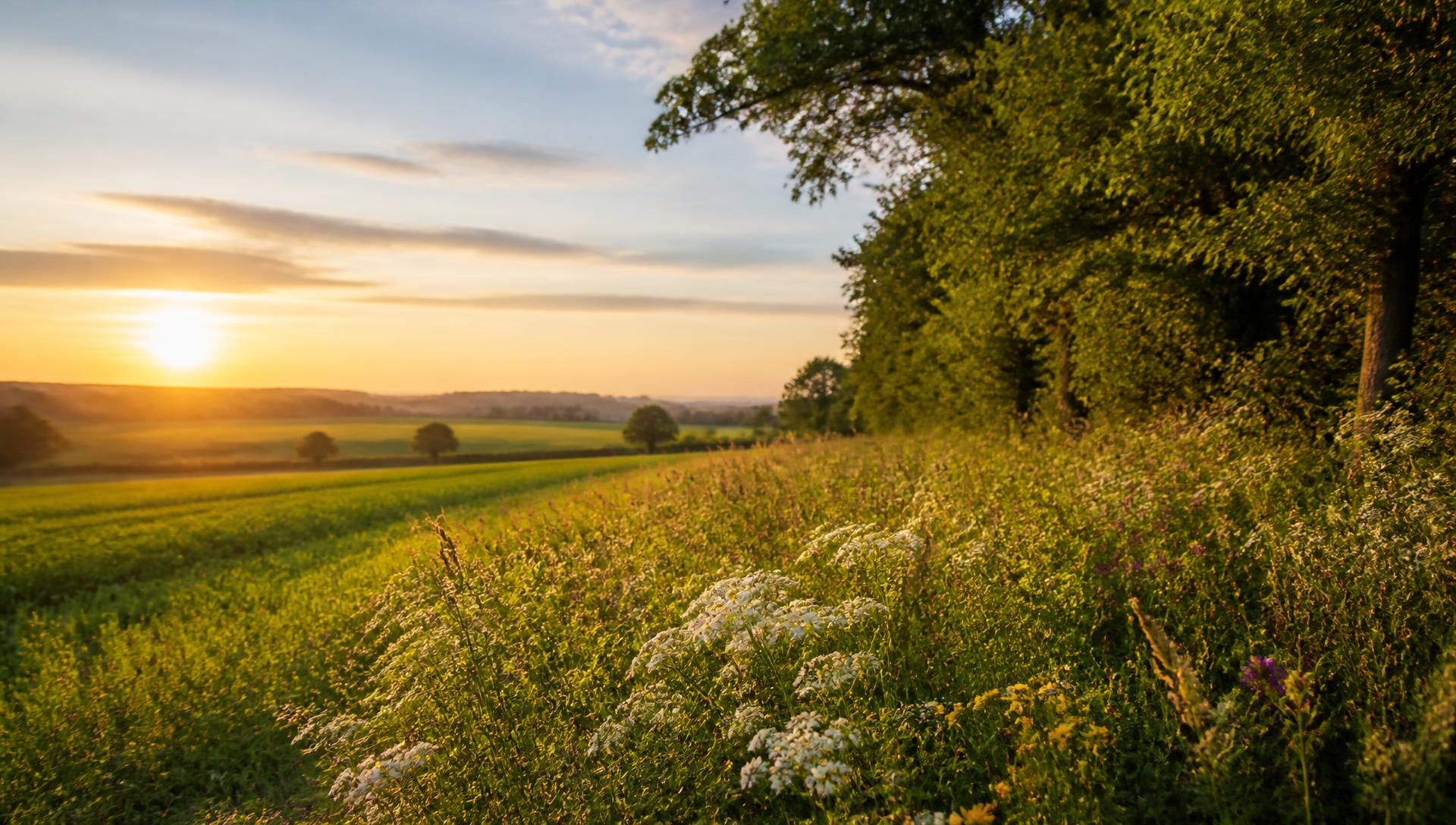 Landelijk landschap met bloeiende akkerrand en houtkant